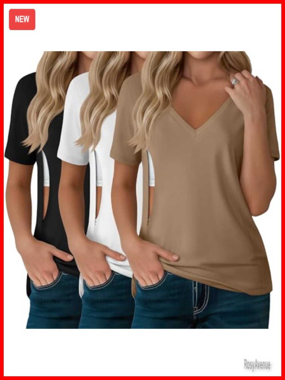 3 Pack Nursing Tops Breastfeeding Shirts V-Neck Zip Loose Fit